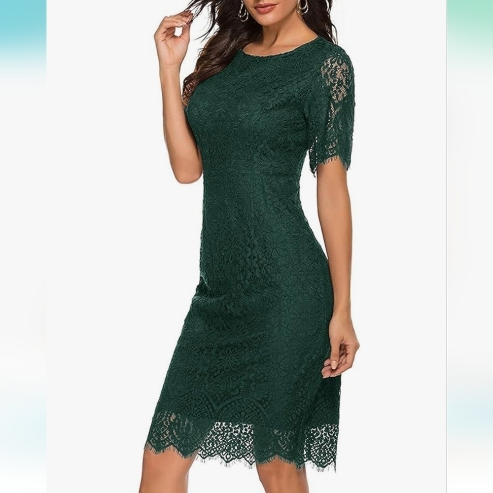 Merokeety Green Lace Midi Dress Flutter Sleeve Wedding Guest Small/Medium